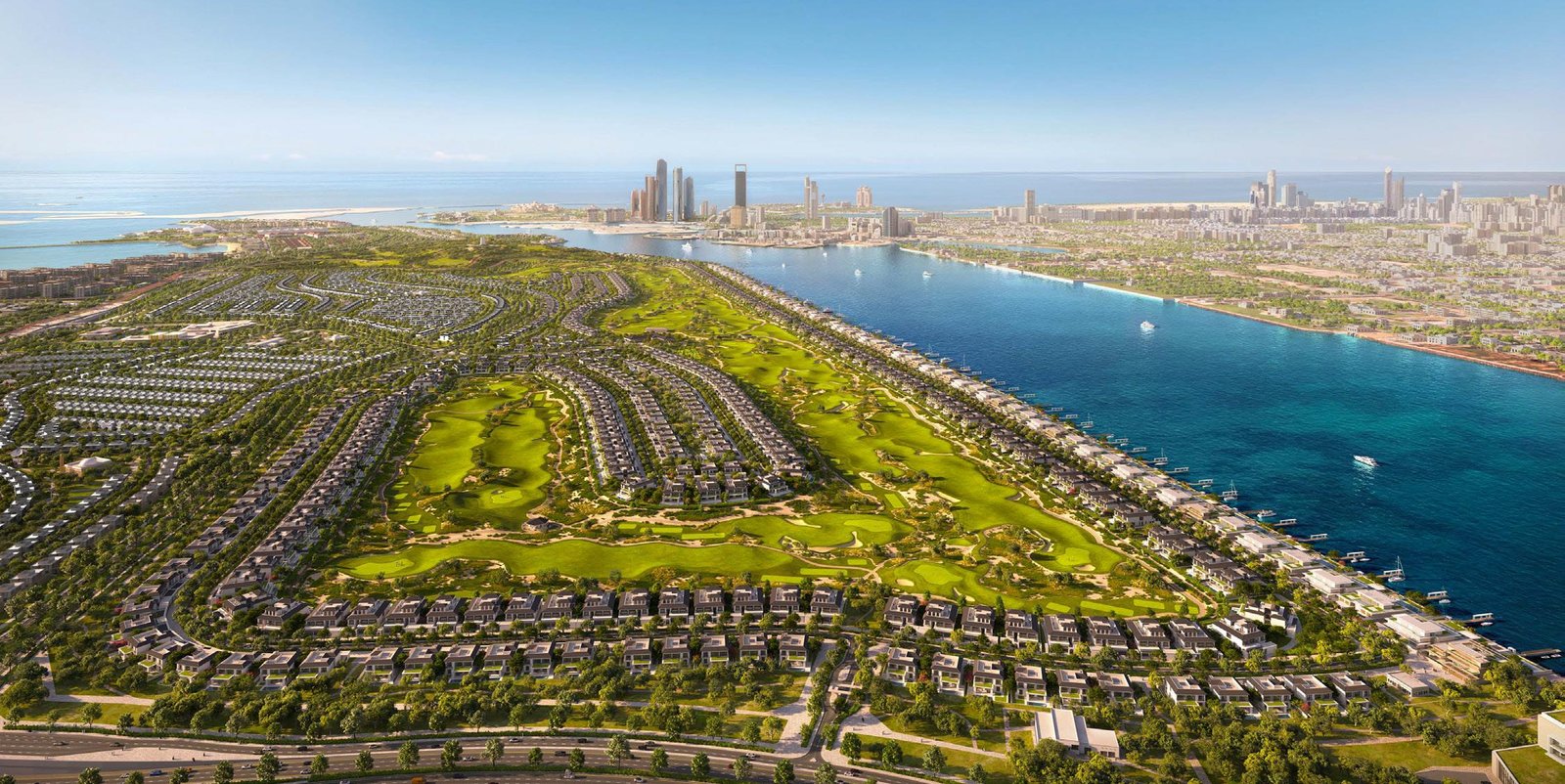 Aerial view of Hudayriyat Golf Estates, Hudayriyat Island, Abu Dhabi, UAE highlighting landscaped fairways, green corridors, and premium residential clusters.